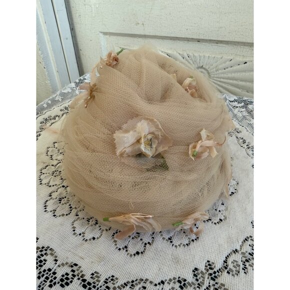 Vintage 40\'s Net/Tulle/flower Turban Style Hat Beige main image 14